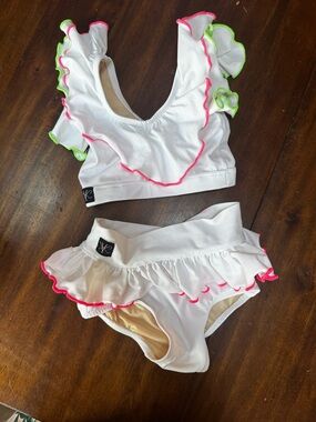 Kandi Kouture, White Ruffle Two-Piece dance Set with Pink & Green Trim